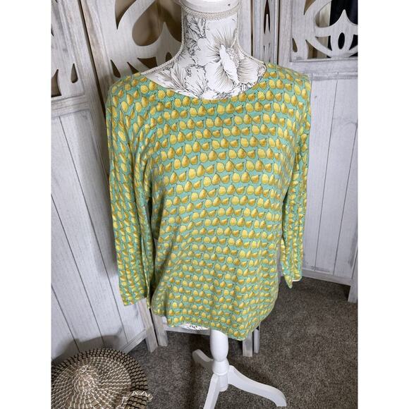 Talbots Sweater Womens Size Green Yellow Pears Whimsy Stretch Career Sz Large - Picture 1 of 6